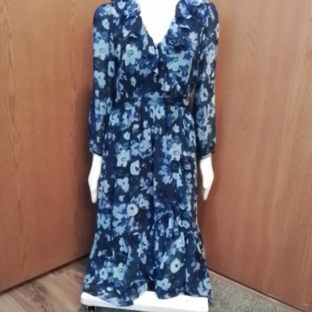 J. Crew Long Sleeve Floral Ruffled Poly Maxi Dress in Navy/Light Blue, Size 10.